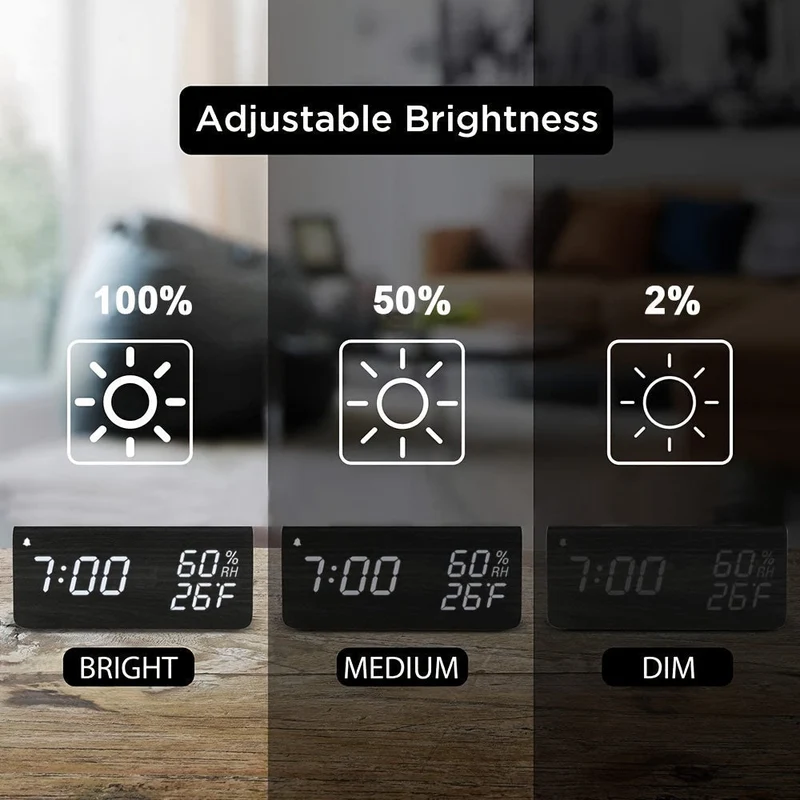 Elegant LED Træ Vækkeur med Temperatur & Fugtighedsmåler