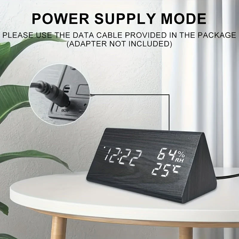 Elegant LED Træ Vækkeur med Temperatur & Fugtighedsmåler