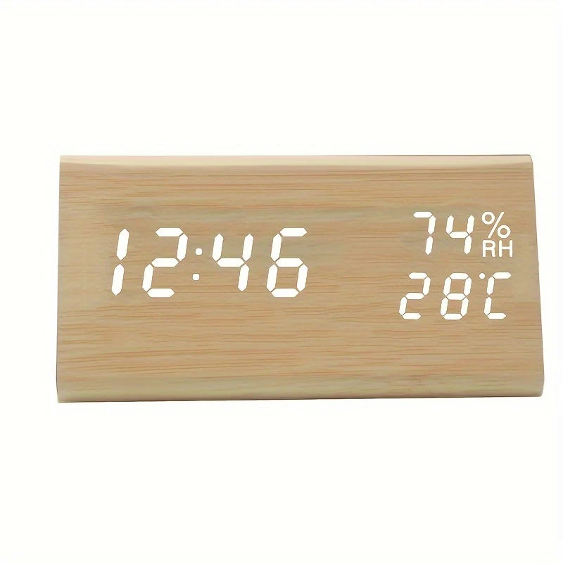 Elegant LED Træ Vækkeur med Temperatur & Fugtighedsmåler