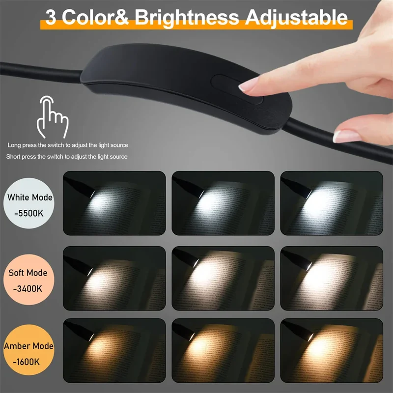 Genopladelig LED-nakkelampe med 3 lysfarver og fleksible arme