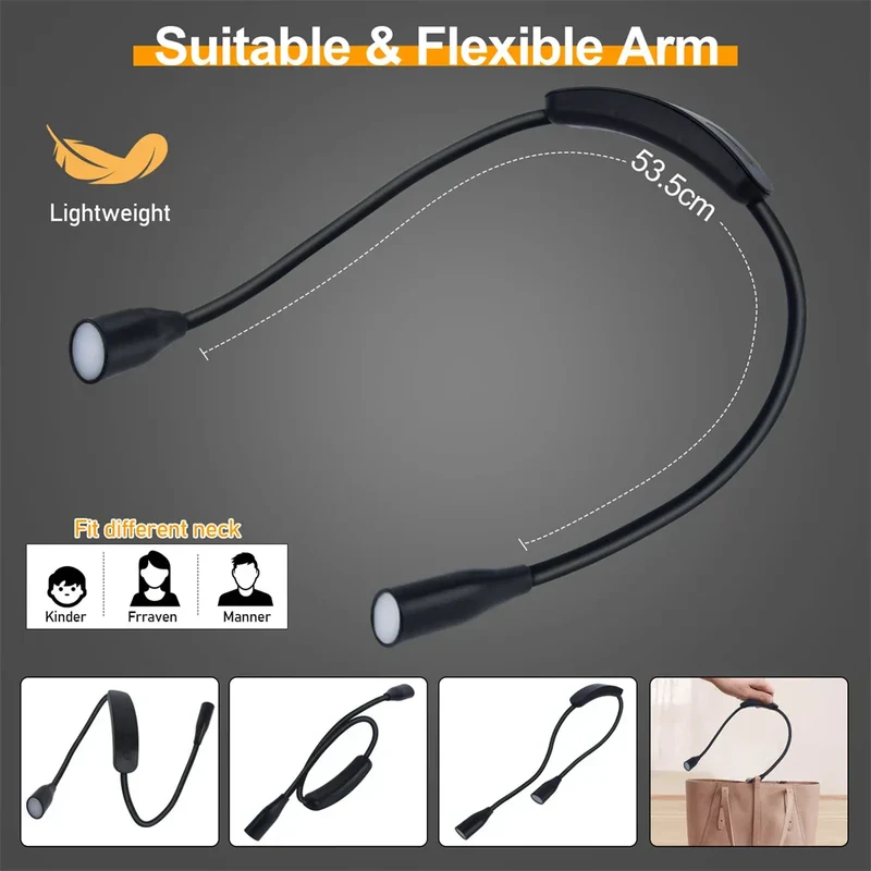 Genopladelig LED-nakkelampe med 3 lysfarver og fleksible arme