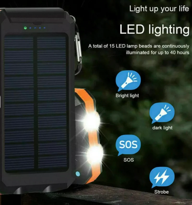 Robust solcelle powerbank med dobbelt USB og LED-lygte