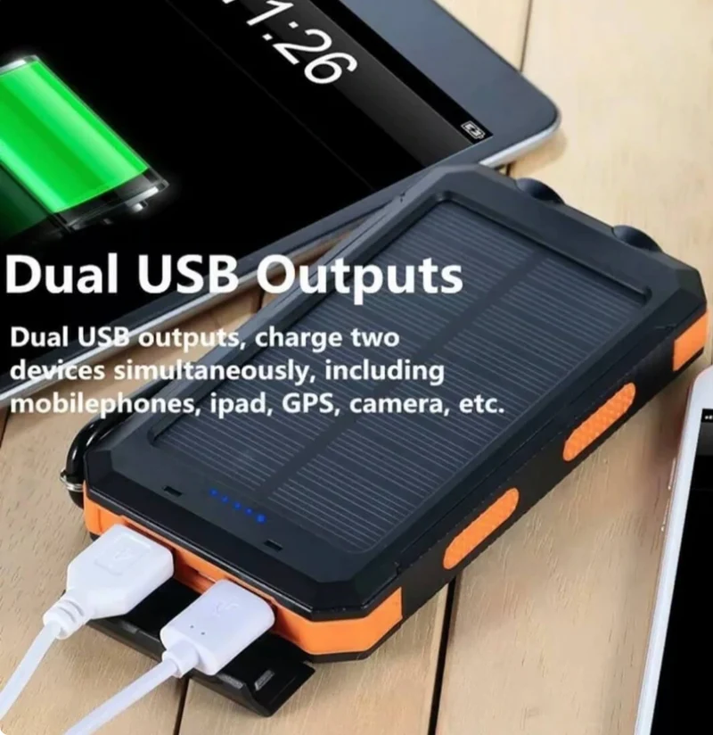 Robust solcelle powerbank med dobbelt USB og LED-lygte