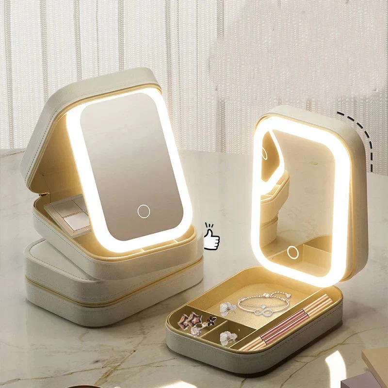 Justerbart Makeup Spejl med LED Lys i Kompakt PU Læder Etui