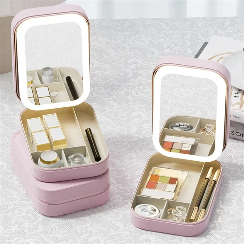 Justerbart Makeup Spejl med LED Lys i Kompakt PU Læder Etui