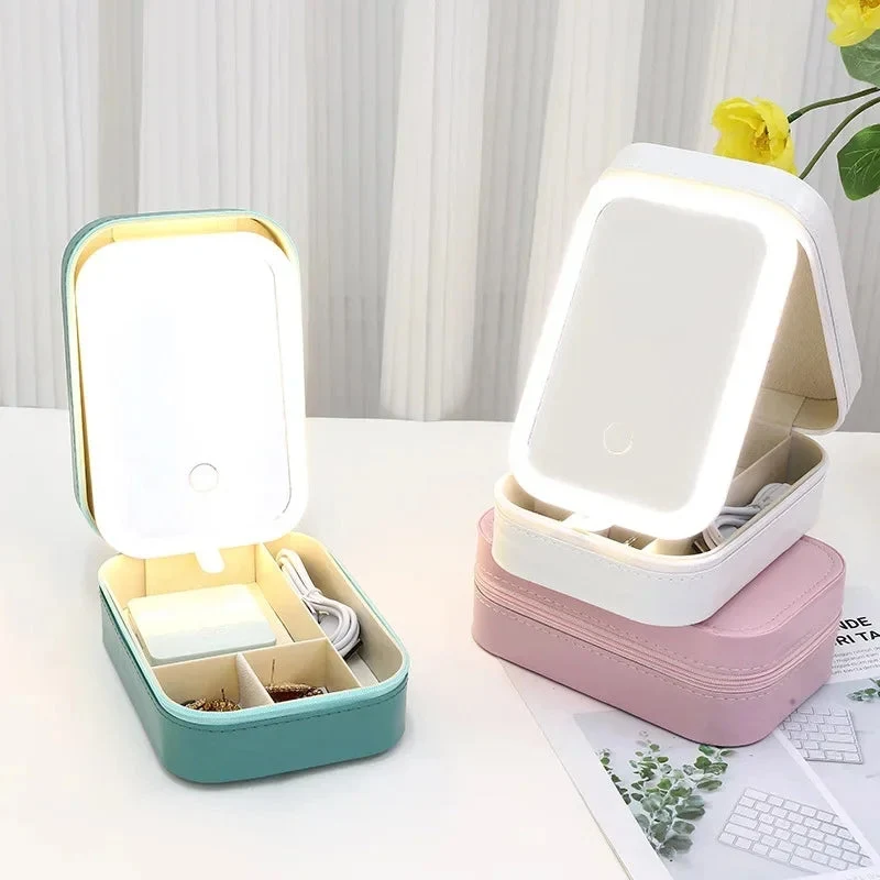 Justerbart Makeup Spejl med LED Lys i Kompakt PU Læder Etui