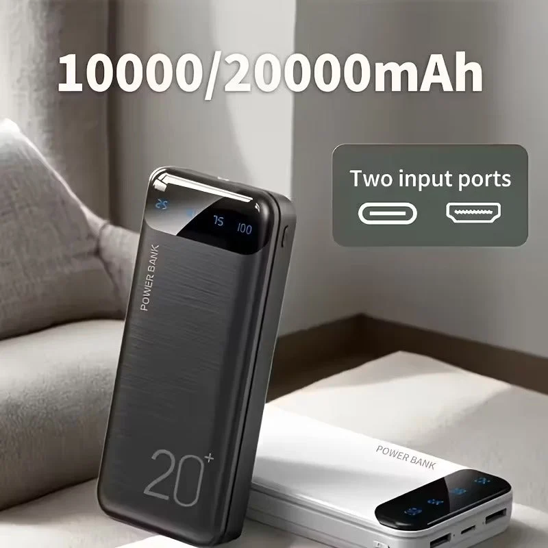 Kraftfuld Powerbank 10000-20000 mAh med LED & Dobbelt USB