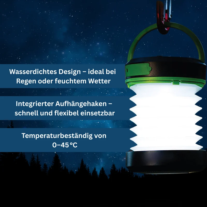 Solcelledrevet, Vandafvisende Campinglampe med Lang Batteritid