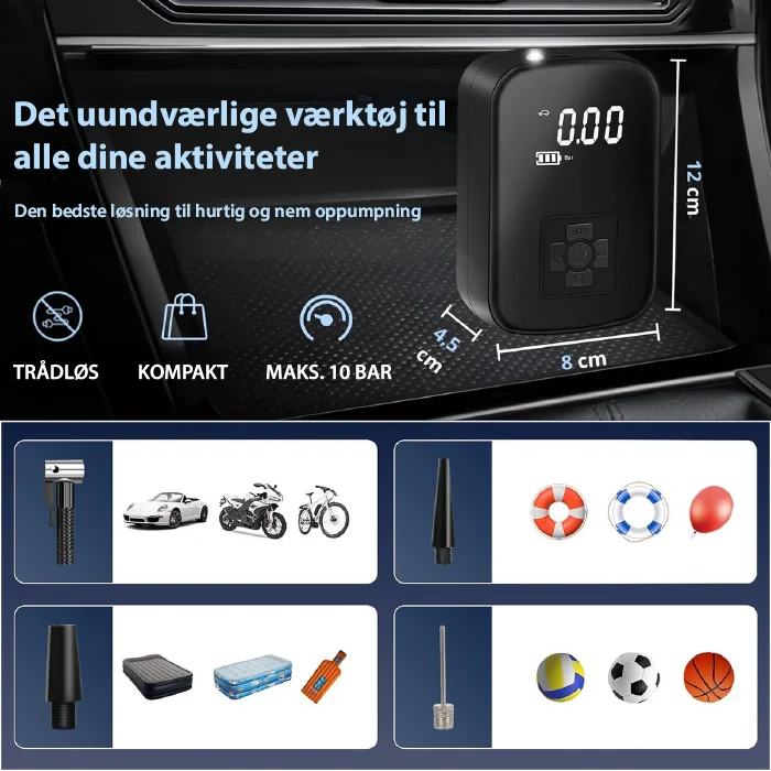 Kompakt Trådløs Dækpumpe med Sikkerhedsstop & LED