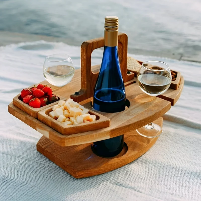 Bærbart Træ-Picnicbord med Vinholder - Stilfuld Udendørs Nydelse