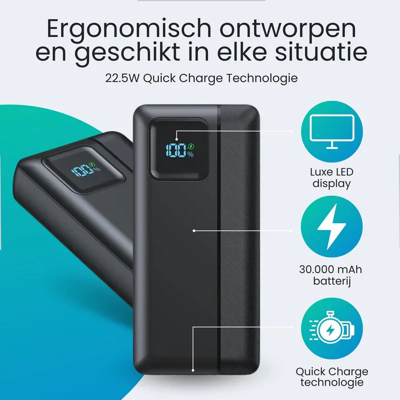 Kraftfuld Powerbank 30000 mAh med LED Skærm og Multiforbindelser
