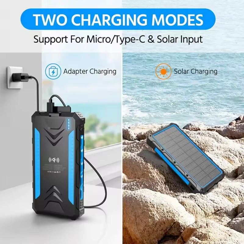Solopladelig Powerbank 36000mAh med Lommelygte og Hurtig Opladning