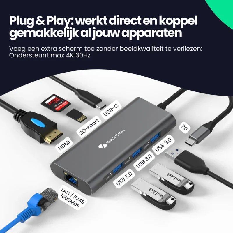 Smart USB-C Hub 8-i-1 med HDMI & SD – Kompakt og Effektiv