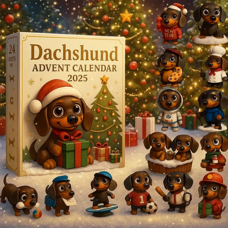 Julekalender 2025 med 24 Håndmalede Gravhunde Figurer