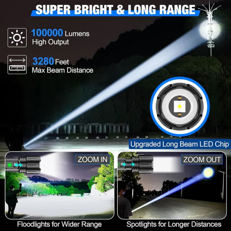 Opladelig Taktisk Lommelygte 100000 Lumen - Kraftig LED Lys