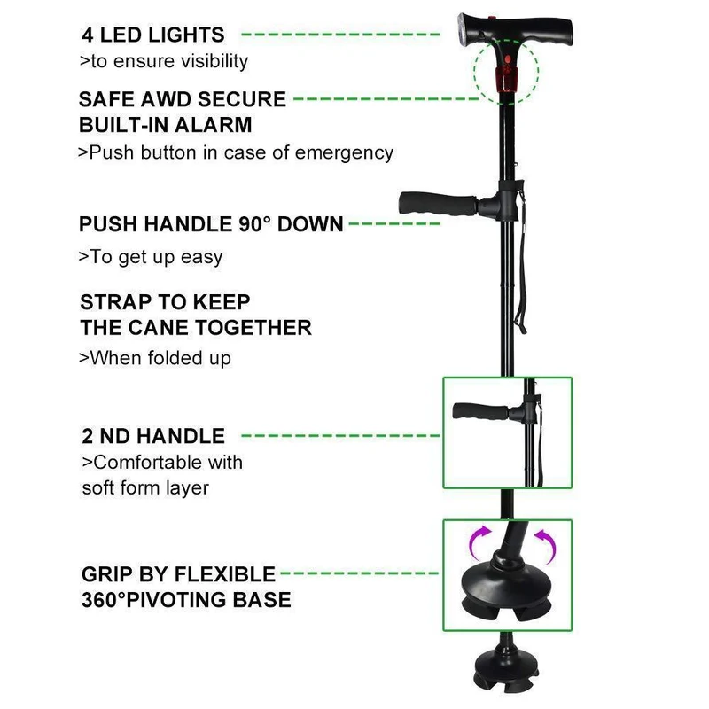 Foldbar Stok med LED-lys og Alarm for Maksimal Sikkerhed