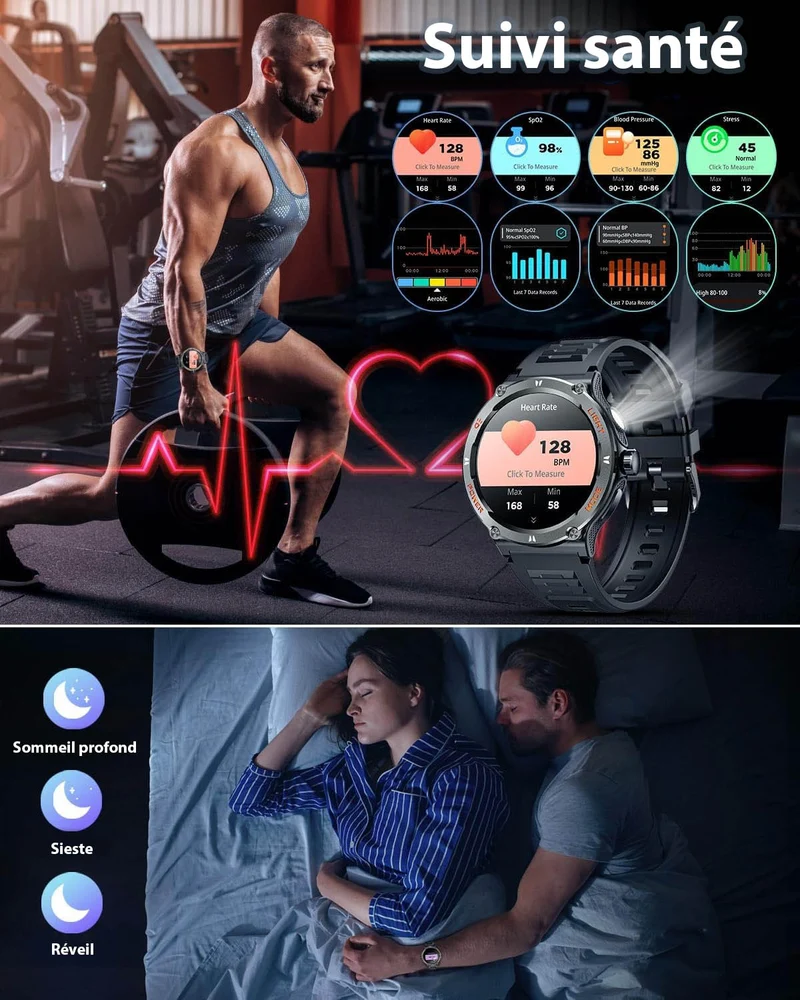 Smartwatch til Mænd med HD Skærm, LED Lygte og Kompas