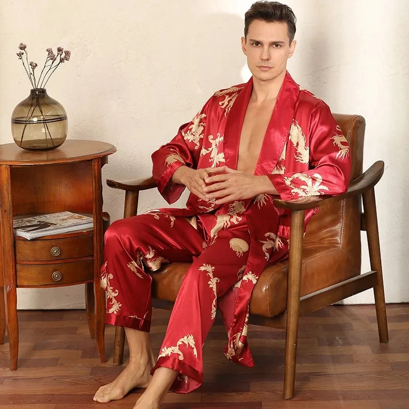 Elegant Silkekimono Sæt med Drageprint – Luksus Komfort