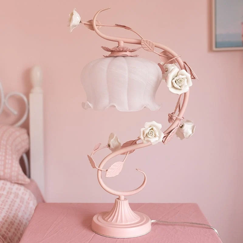 Romantisk Bordlampe med Keramisk Rose og Blød Belysning