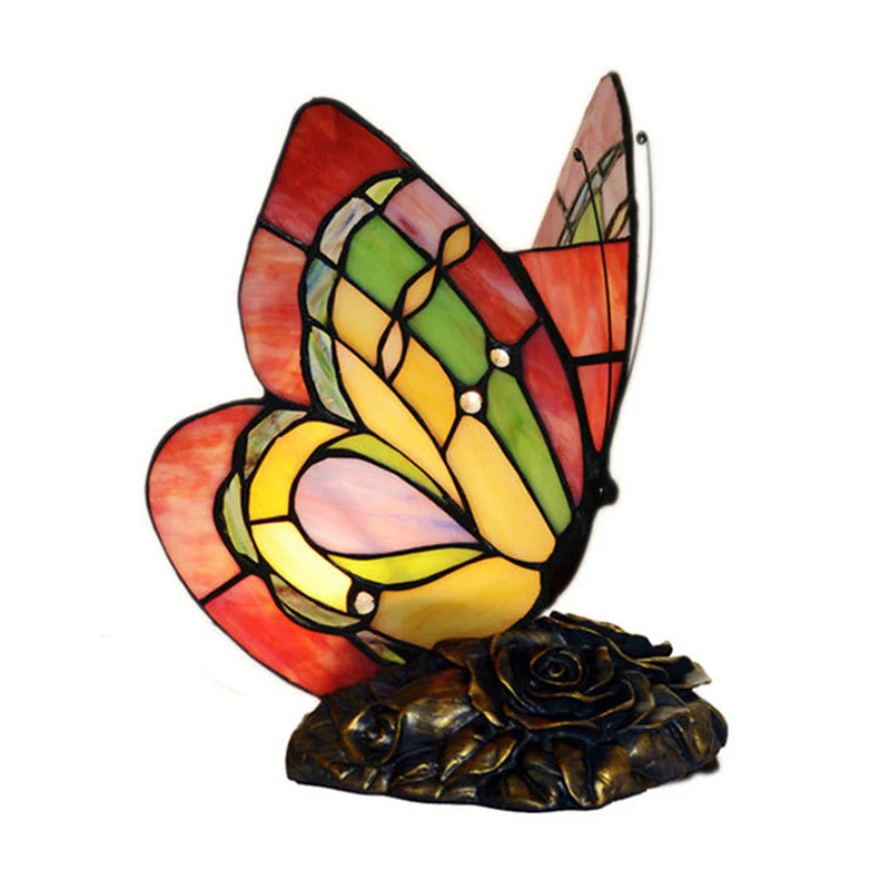 Romantisk Bordlampe med Blomstermotiv og Sommerfugl i Resine