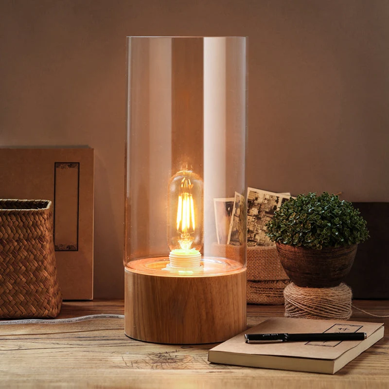Cylindrisk Bordlampe med Træbase – Stilfuldt Design