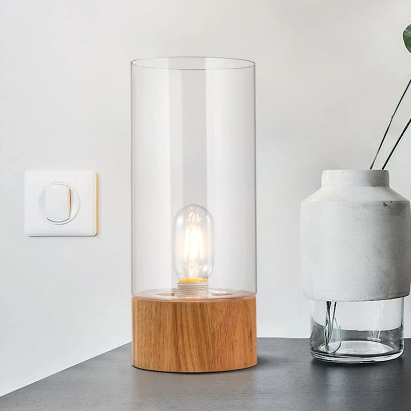 Cylindrisk Bordlampe med Træbase – Stilfuldt Design