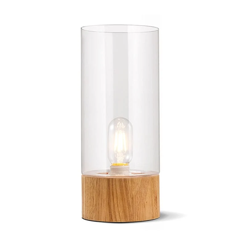Cylindrisk Bordlampe med Træbase – Stilfuldt Design