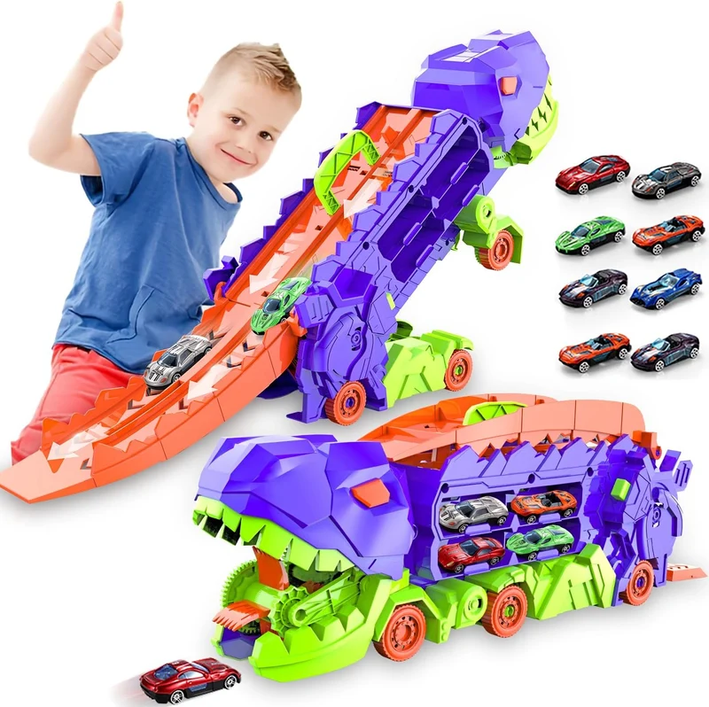 Transformérende Dino Transportbil med Løbsbane for Børn