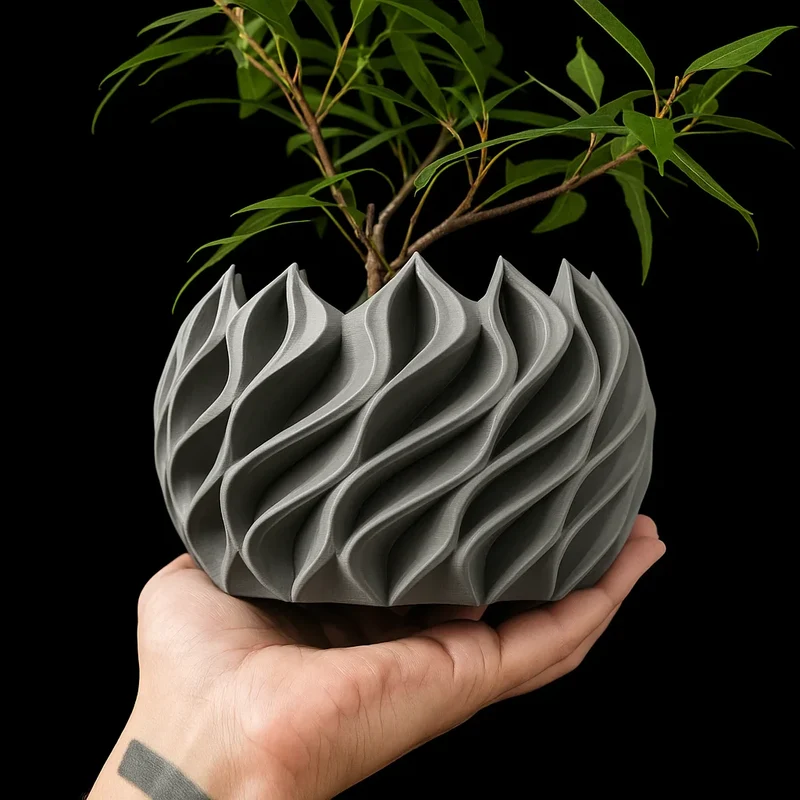 Geometrisk plantekrukke i bioplastik med unikt bølgedesign