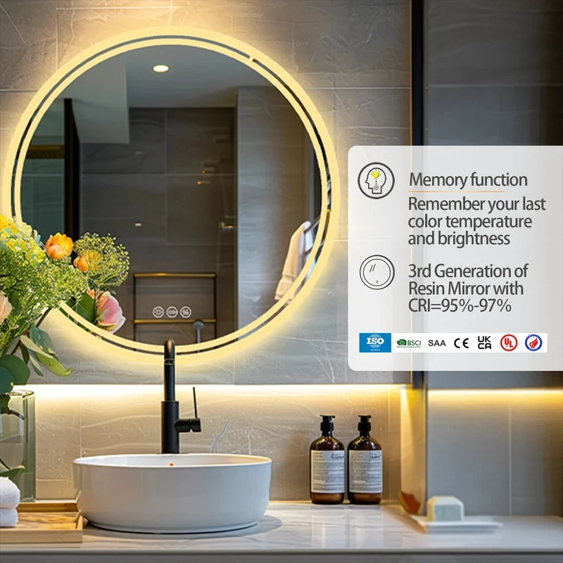 Rund LED Badeværelsesspejl med Justerbar Belysning 60cm