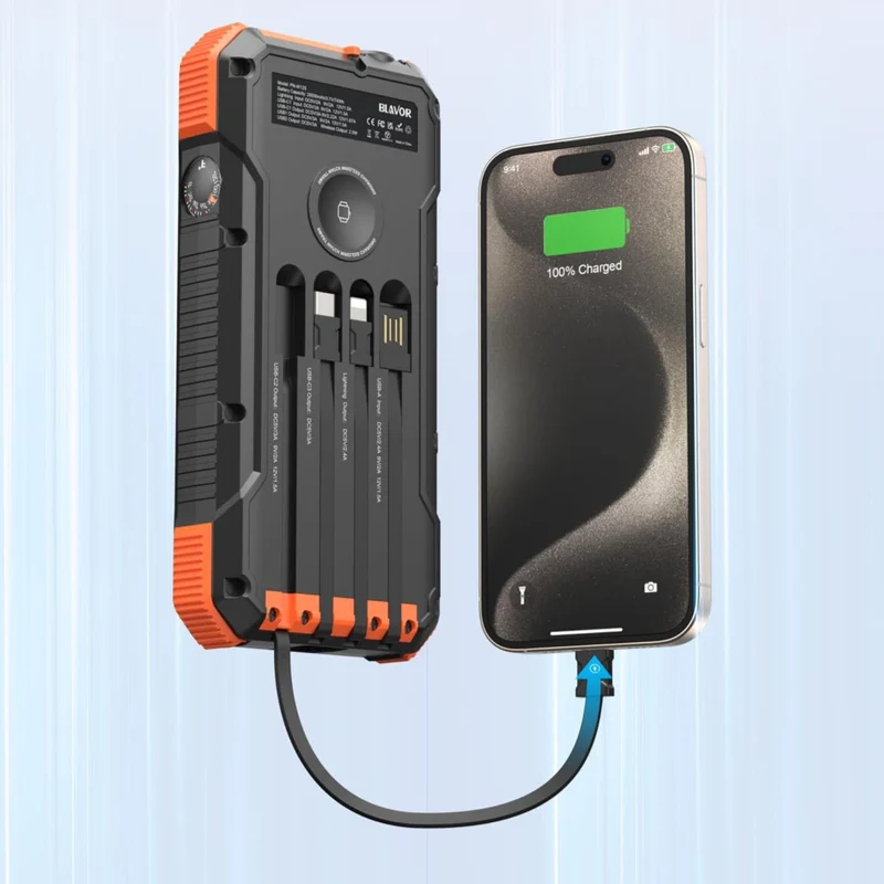 Solcelledrevet Powerbank med Trådløs Opladning og LED Lommelygte