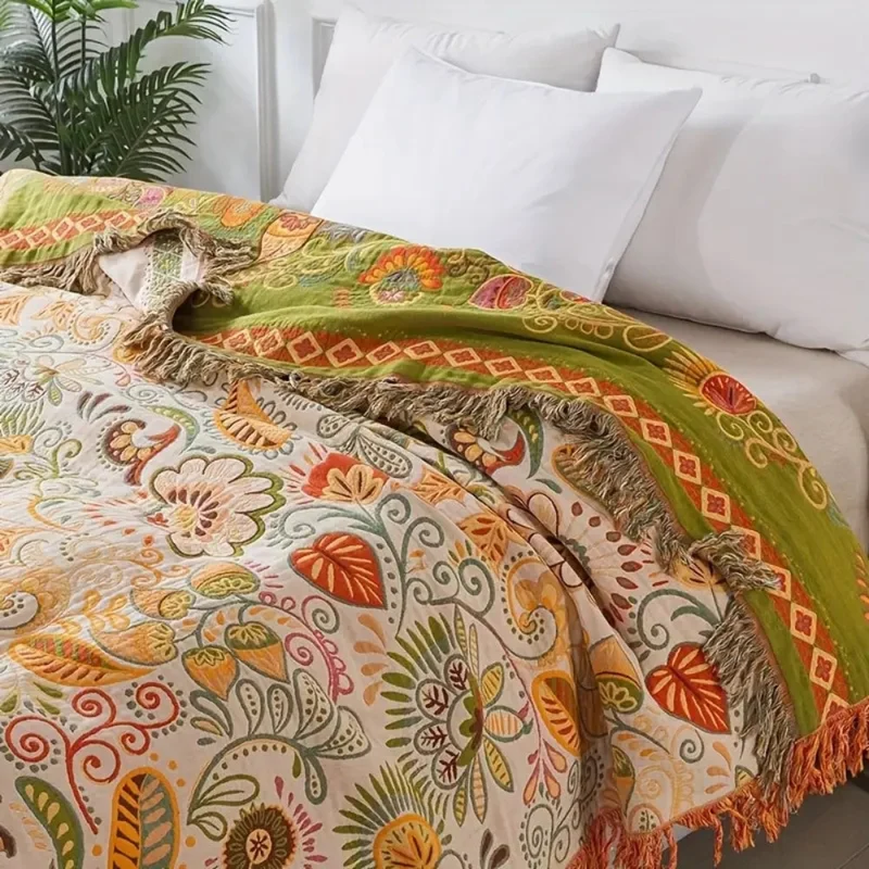 Blomstret Bomuldsplaid med Kvast - Vendbart Design & Komfort