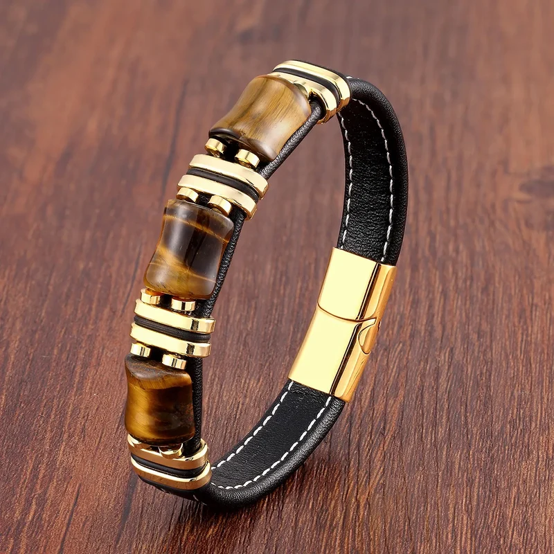 Elegant Tiger Eye Armbånd i Læder til Mænd - Justerbar Komfort