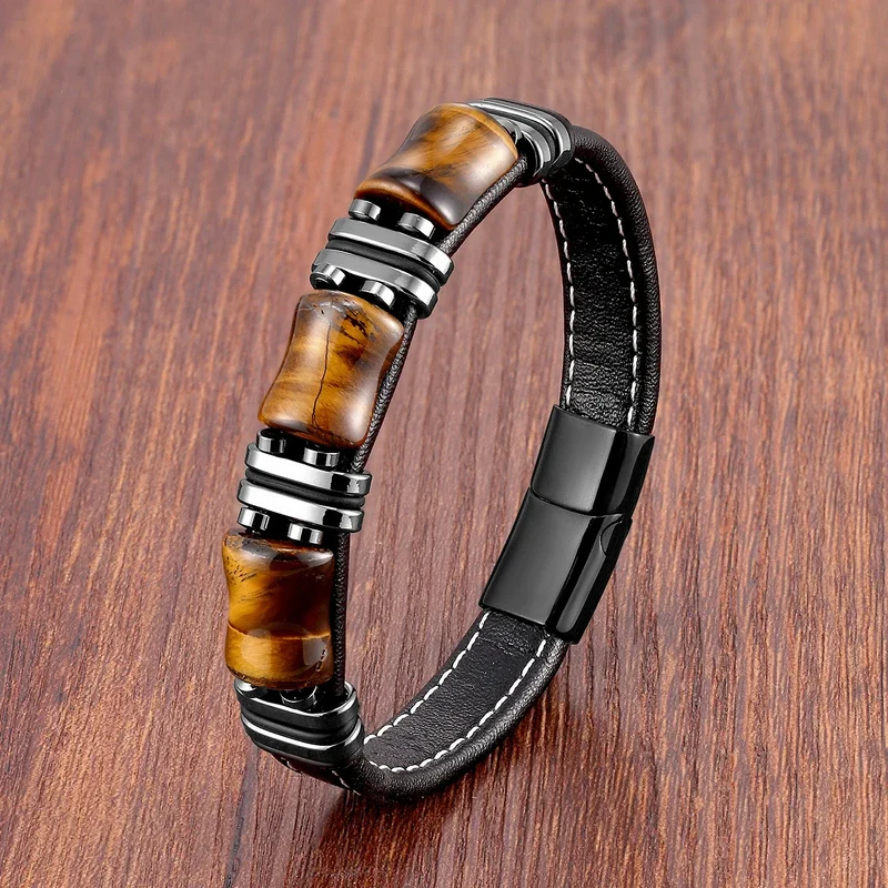 Elegant Tiger Eye Armbånd i Læder til Mænd - Justerbar Komfort
