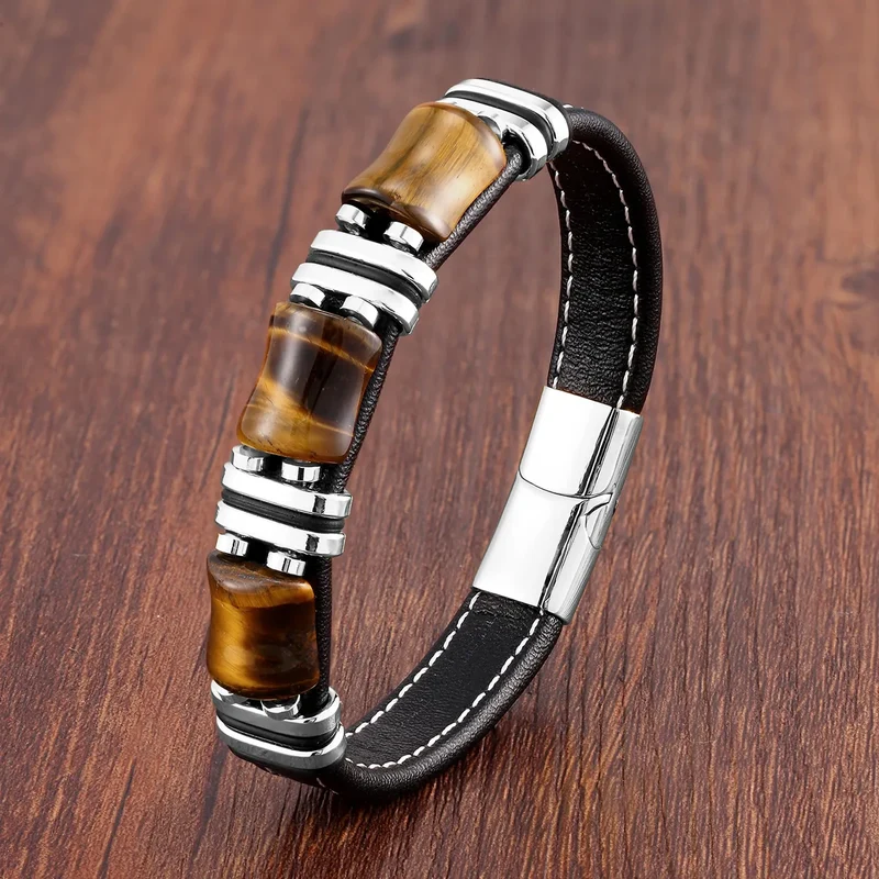 Elegant Tiger Eye Armbånd i Læder til Mænd - Justerbar Komfort