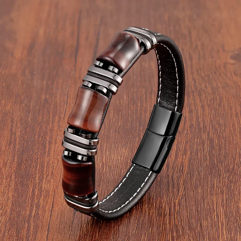 Elegant Tiger Eye Armbånd i Læder til Mænd - Justerbar Komfort
