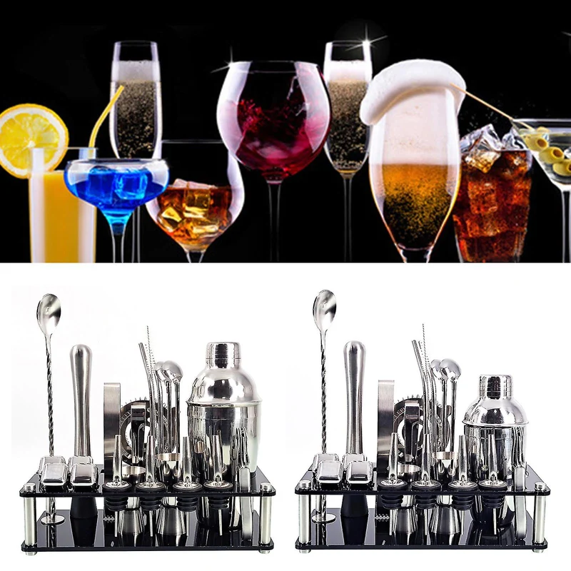 Komplet Cocktail Sæt i Rustfrit Stål med Bambus Stand