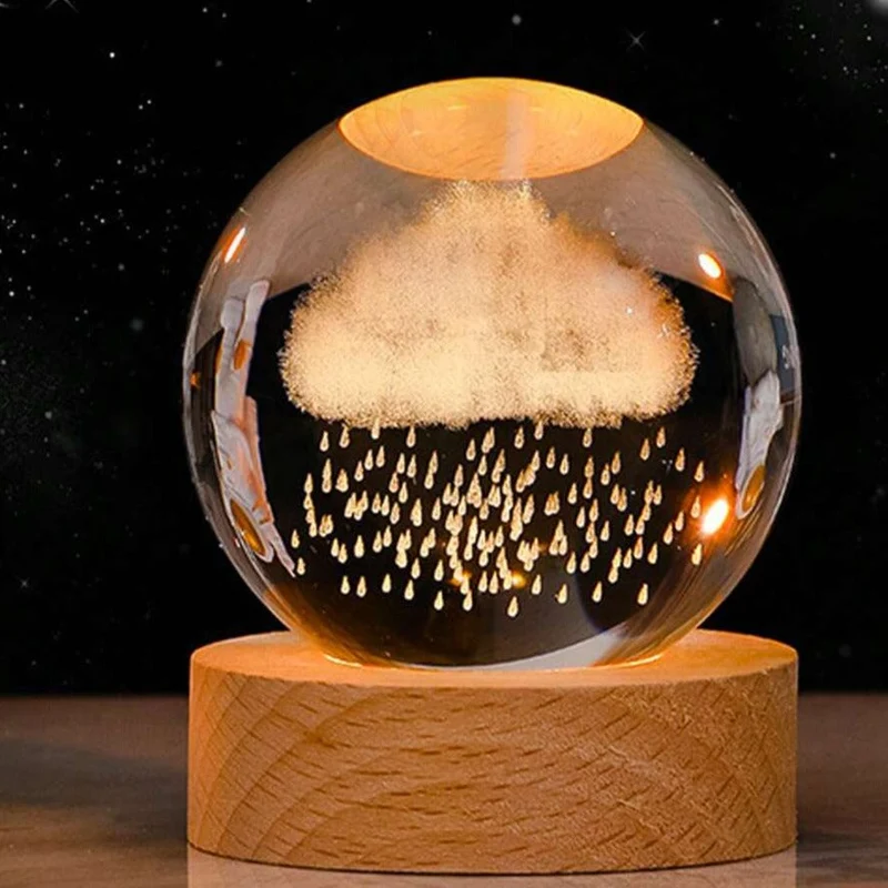 Krystalkugle Lampe med 3D Lys og Elegant Træbase