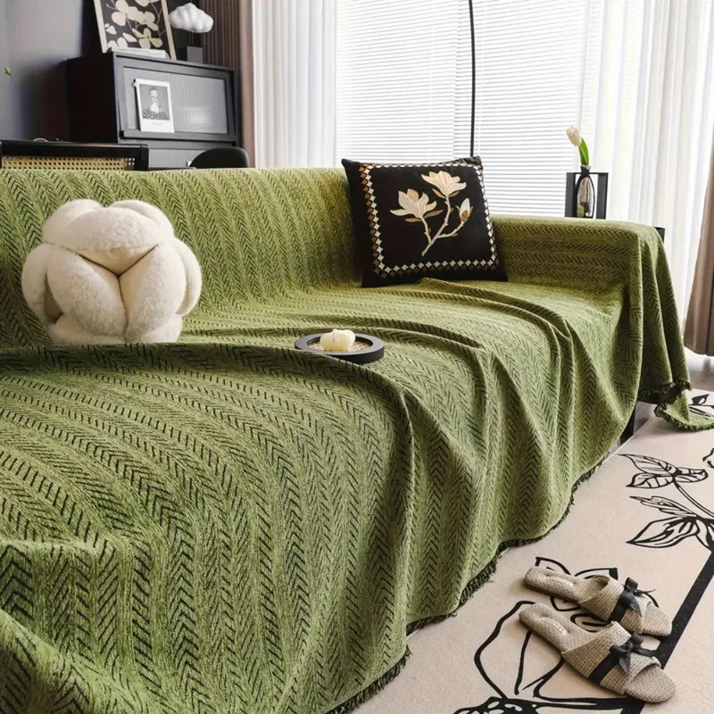Stilfuldt Herringbone Sofaovertræk i Chenille med Tofler