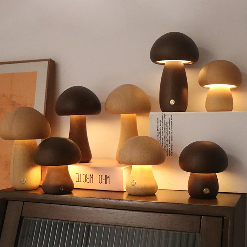 Svampeformet Bordlampe i Træ – Hyggebelysning & Touch Kontrol