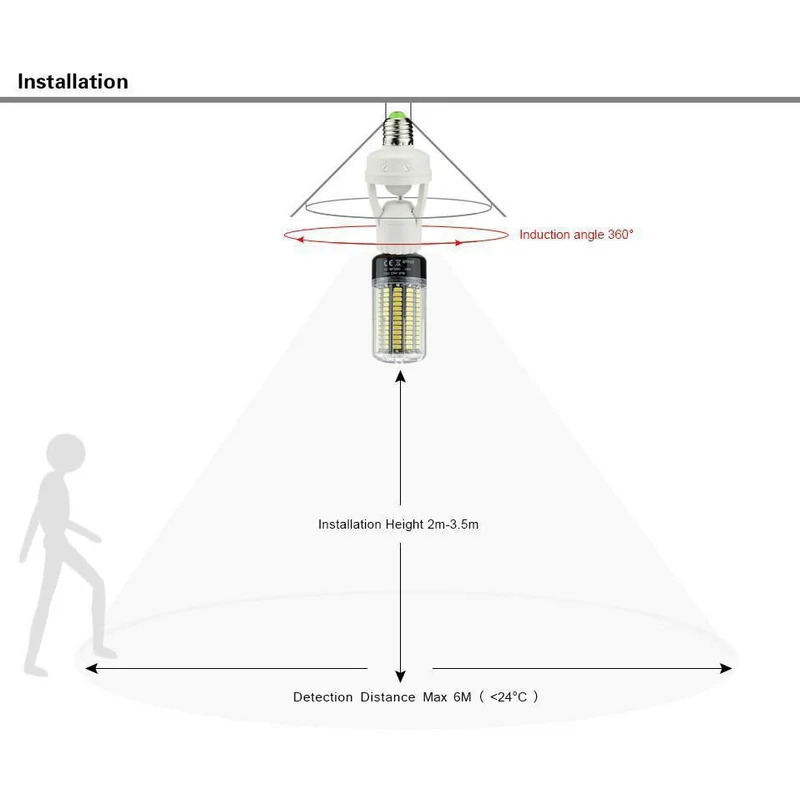 360 Rotating Motion Sensor Stikkontakt Switch Led Pære Base