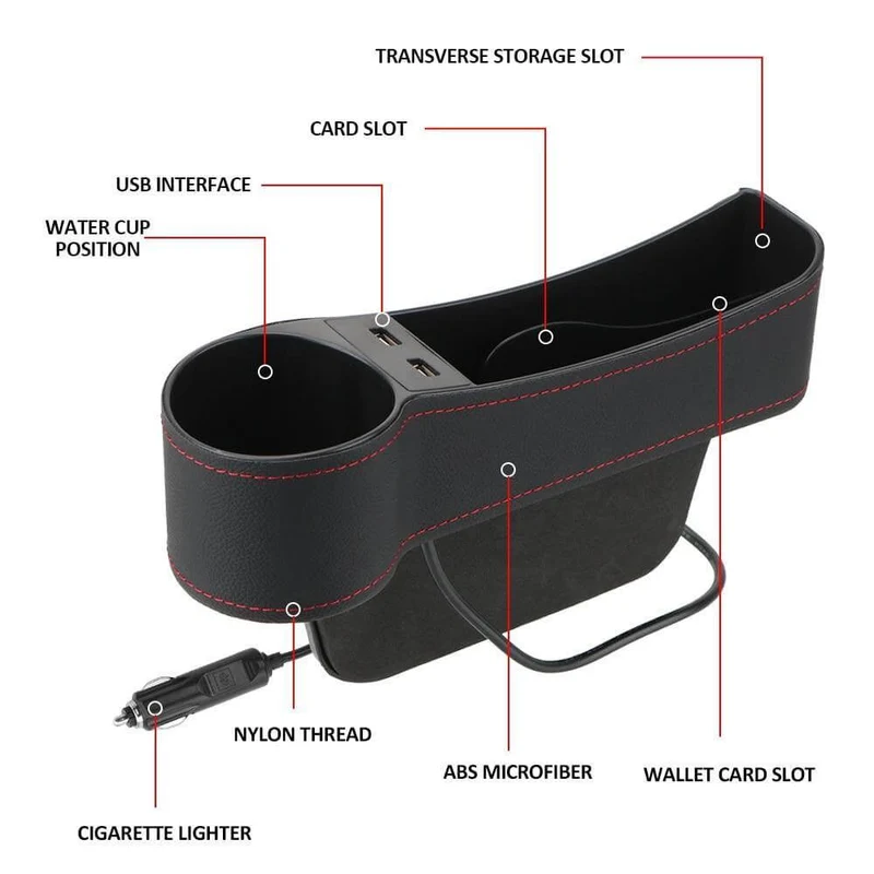 Læder USB Oplader Bil Sæde Kløft Organizer