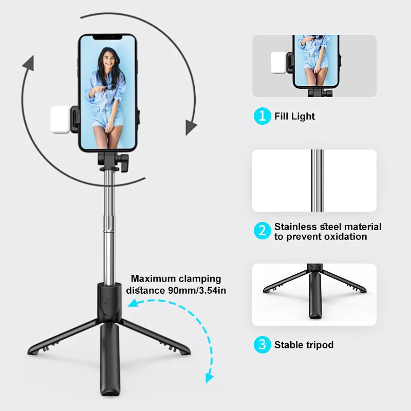 Trådløs Selfiestang med Stativ og Bluetooth-Fjernbetjening