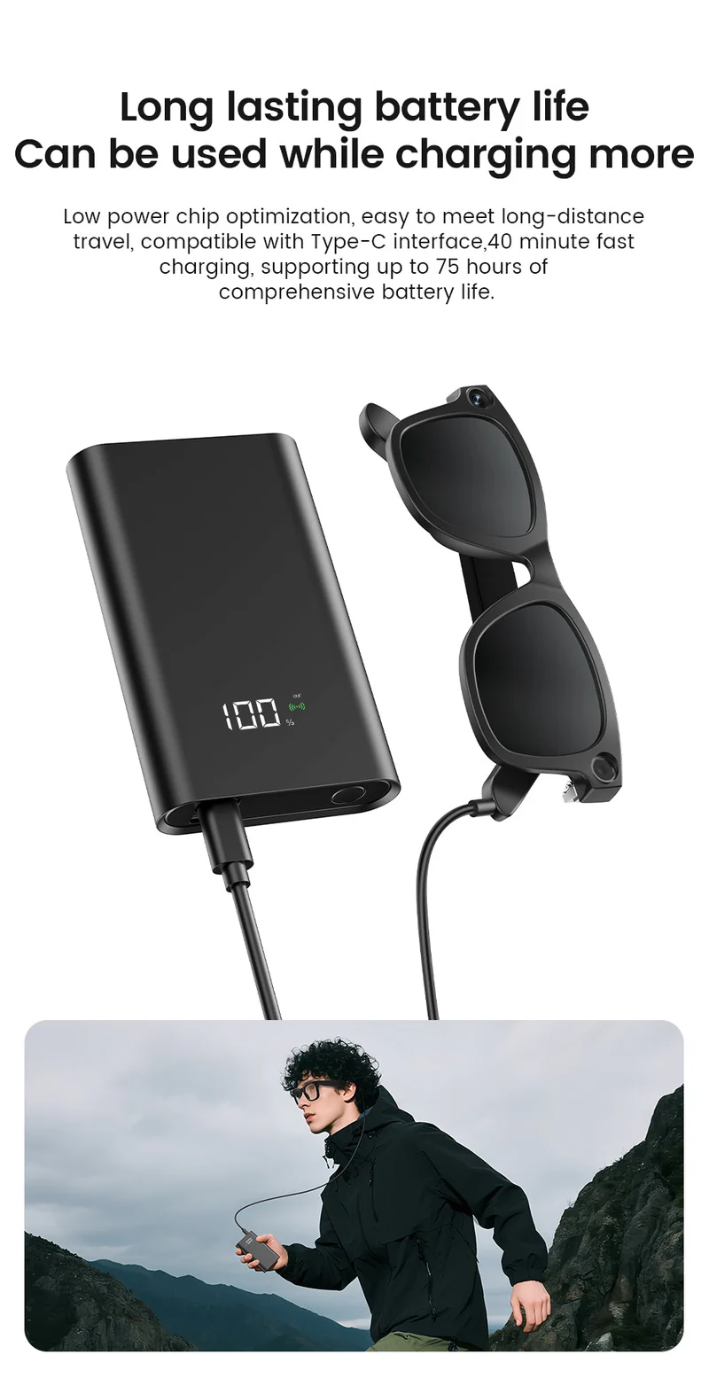AI-briller med 8MP kamera til musik og opkald