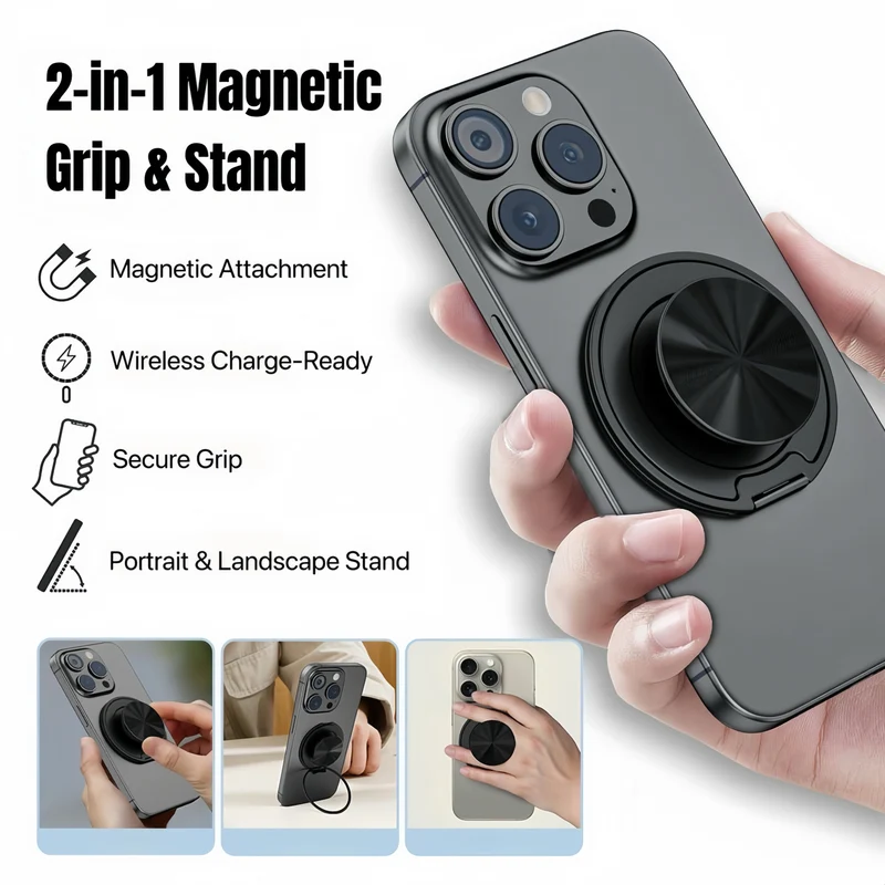 Magnetisk telefonstand med grip og spejl til nem håndtering