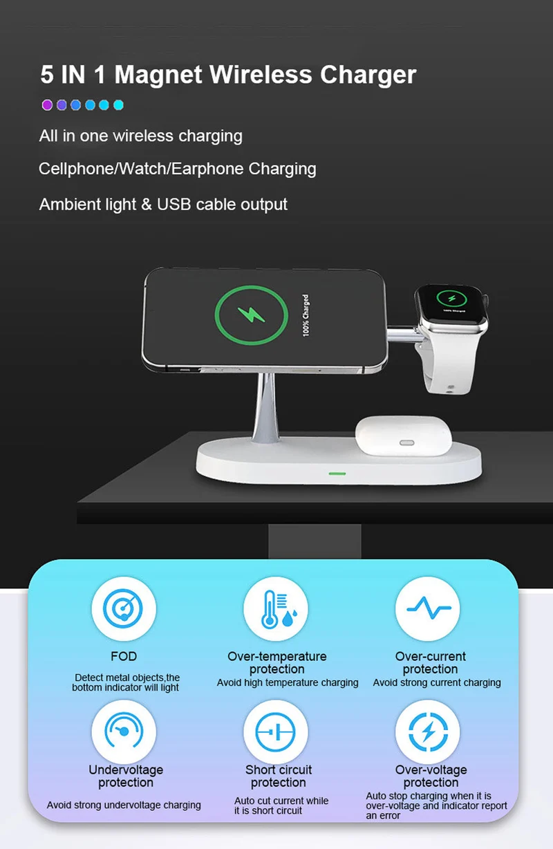 Smart 5-i-1 Opladningsstation med Nattelys – Effektiv og Pladsbesparende