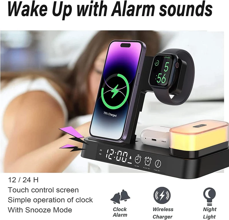 Multifunktionel Oplader med Alarm og Natlampe - Organiseret Hverdag