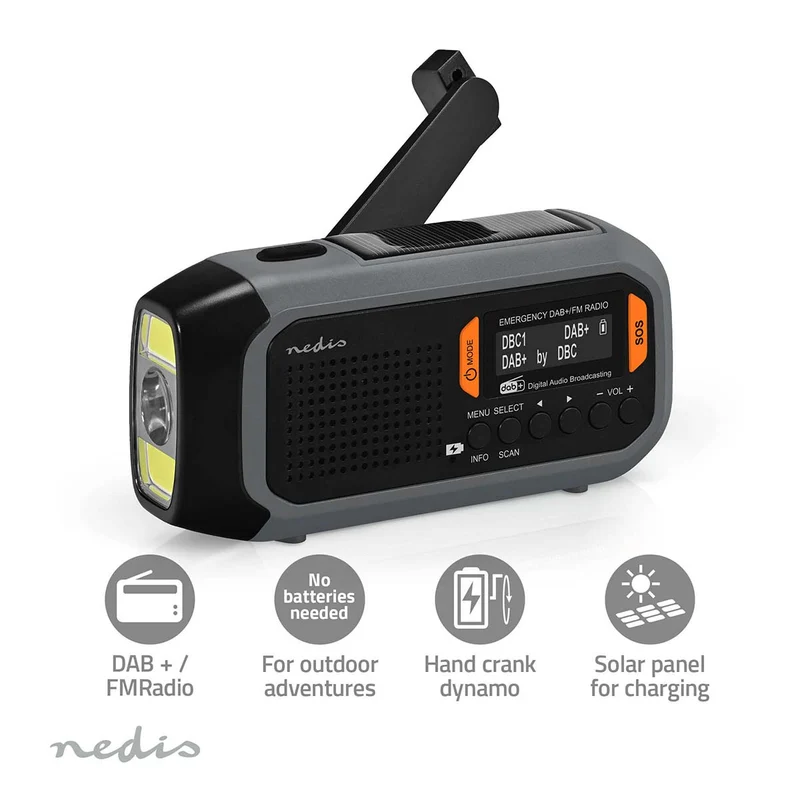 Noodradio Draagbaar Model - DAB+ / FM - Batterij Gevoed / Netvoeding / Solar Powered