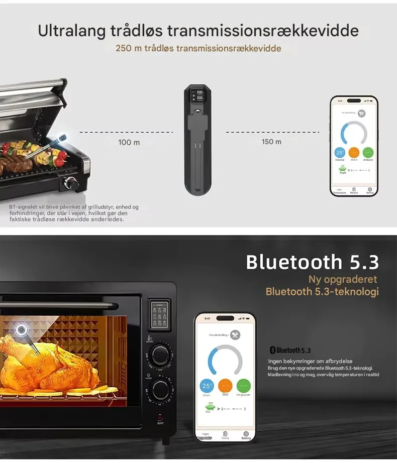 Trådløst Bluetooth-kødtermometer med dobbeltsensorer, IP67-keramisk probe og app-styring – Lang rækkevidde til grill, ovn og BBQ