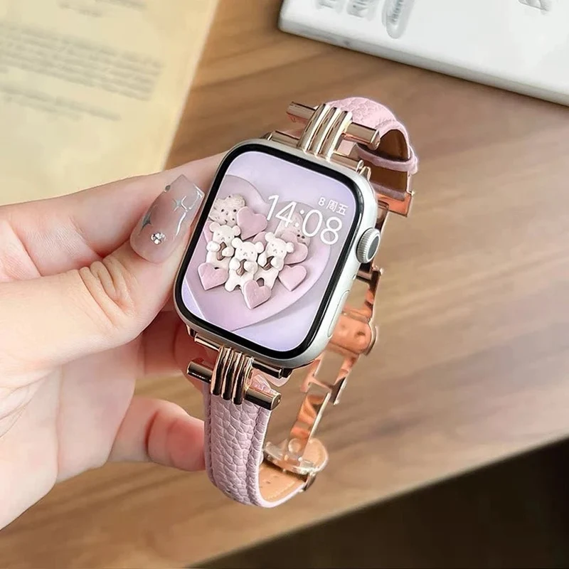 Elegant læder- og rustfrit stålrem til Apple Watch til daglig brug